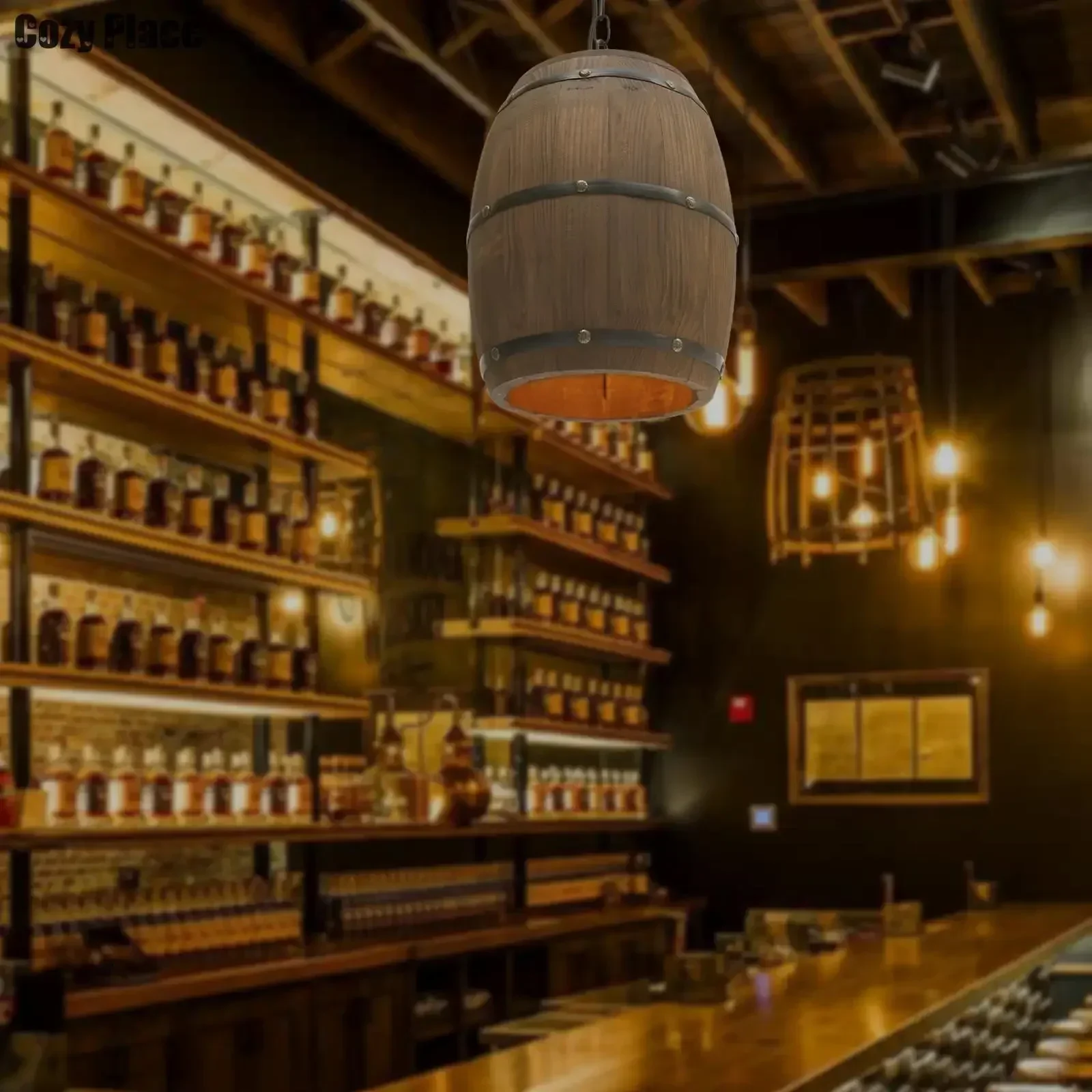 Wine & Beer Unlimited Spirits - Rustikale Lampe Vintage Kronleuchter Holz-Pendelleuchte Weinfass-Hängelampe